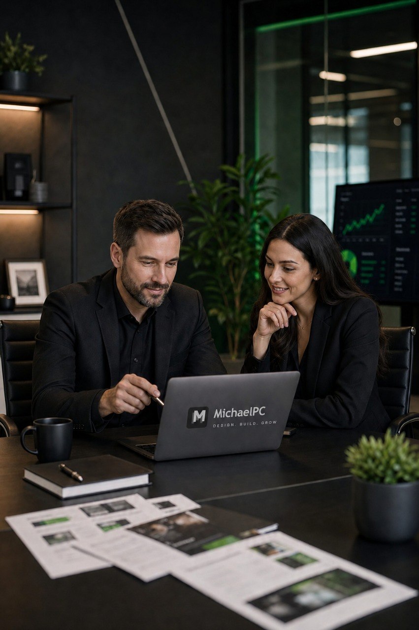 Two business professionals reviewing website and AI delivery plans together